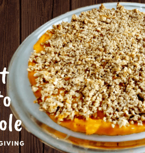 Sweet potato casserole topped with nutty crumbles
